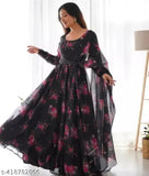 Georgette printed net long sleeve women's gown, V-neck style, formal/casual wear