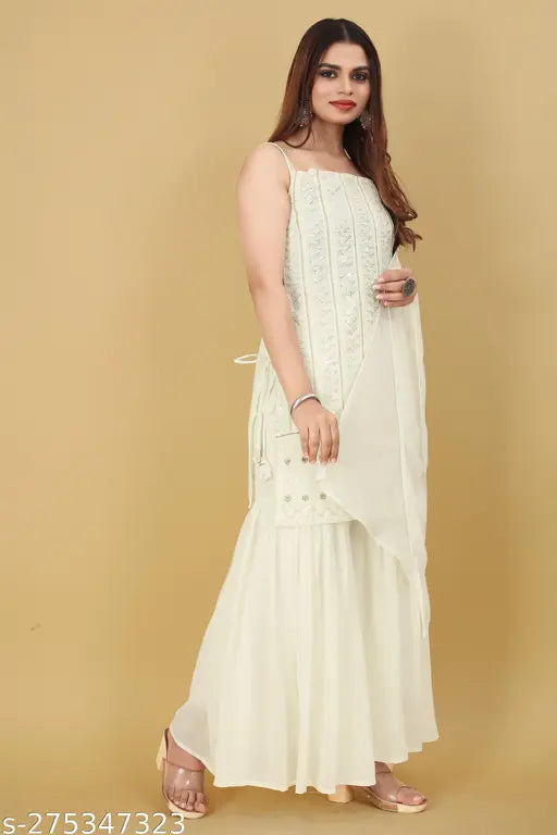 Unique white partywear georgette Sharara Suit with dupatta, intricate embroidery and sequin work, ideal for special occasions