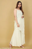 Unique white partywear georgette Sharara Suit with dupatta, intricate embroidery and sequin work, ideal for special occasions