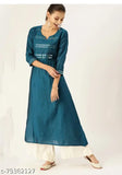 Teal silver-toned embellished A-Line cotton kurta, perfect for evening wear, India origin