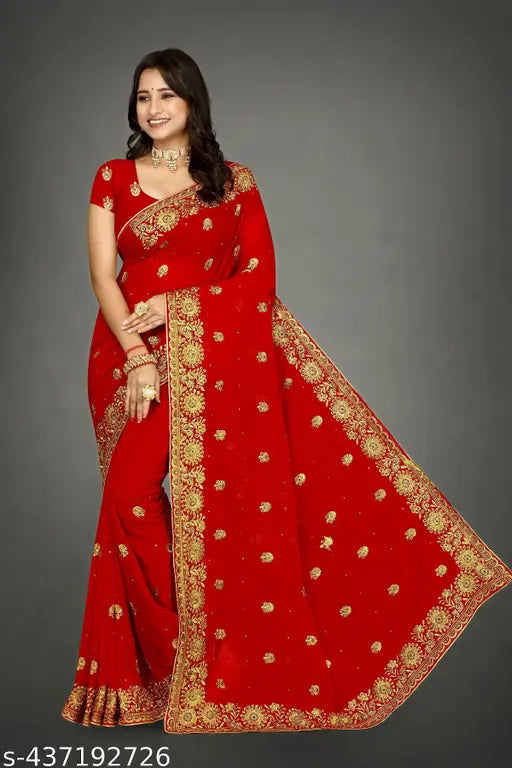 Golden embroidery Georgette saree for women's party wear, red bridal designer saree with multiple blouse pieces, handcrafted elegance for festive occasions