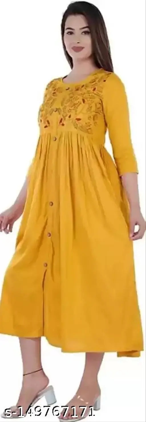 Rayon black floral embroidered kurti, three-quarter sleeves, beautiful floral embroidery on front panel, made in India