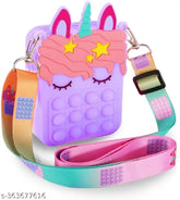 Multicolor suede Unicorn Pop It Sling Bag for Kids, features pop toy and shoulder bag design. Soft, rainbow-colored stress relief handbag with rubber outer material and inner rubber lining." (124 characters)