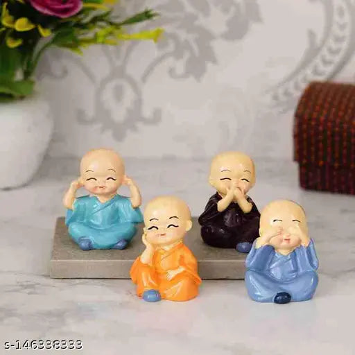 Poly resin Buddha statues: 4 sets of cute, not-same-color baby monks from India