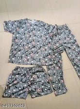 Grey printed net 3-piece pyjama set (t-shirt, pyjamas, nikkart) for women and girls