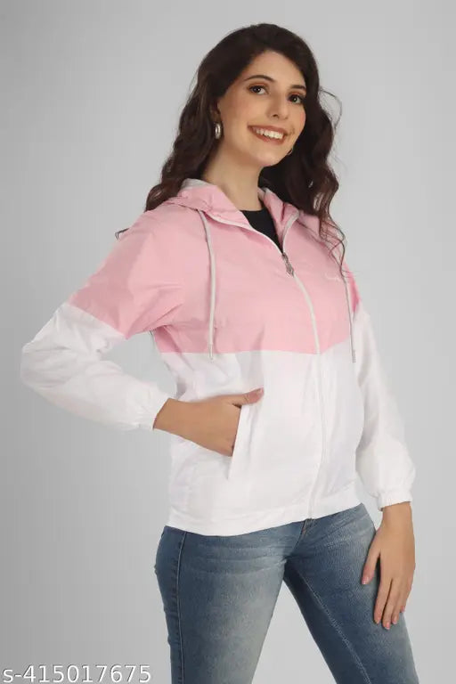 Pink polyester short jacket, women's sunscreen and travel-friendly, color block design, perfect for winter and casual wear