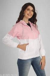 Pink polyester short jacket, women's sunscreen and travel-friendly, color block design, perfect for winter and casual wear
