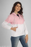 Pink polyester short jacket, women's sunscreen and travel-friendly, color block design, perfect for winter and casual wear