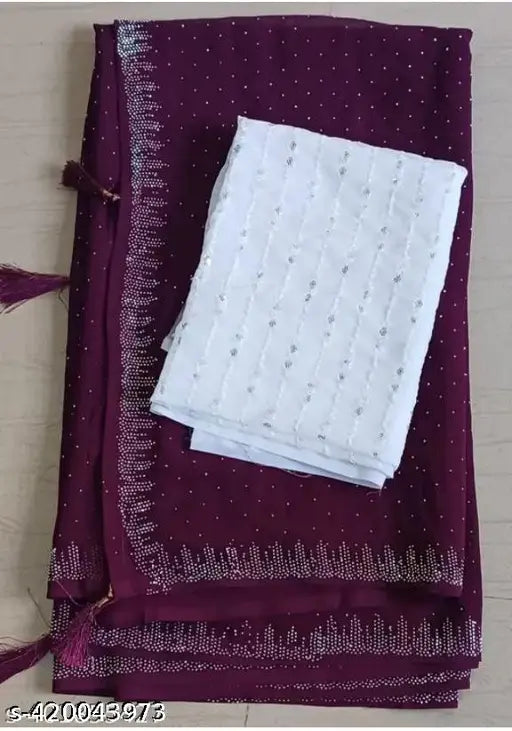 Wine-colored Georgette Saree with white embroidered blouse, trendy fashion for women and girls, India origin
