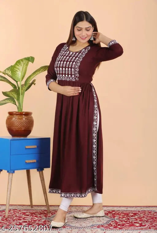 Embroidered rayon Naira cut kurti in vibrant color combination, perfect for party, wedding or festive wear
