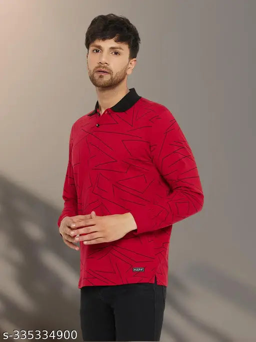 Red cotton blend full-sleeve polo neck t-shirt with all-over western print, ideal for men's fashion