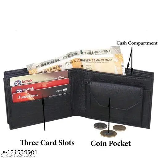 Black PU two-fold wallet for men & boys. Sleek, fashionable, and functional, designed for everyday use. Holds cards, coins, and cash with ease