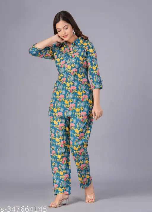Pure cotton loungewear coord set, printed night suit top & pyjamas for women, ideal for Indian weather