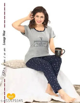 Printed cotton hosiery night suit, trendy round neck and short sleeves, fun geometric patterns, above-knee length