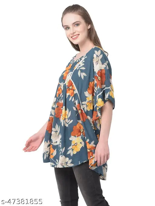 Rayon floral print round neck top, half sleeve, Made in India