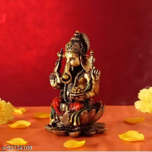 Resin Lord Ganesha Idol, 4.5"x4.5"x7", sitting on lotus flower, perfect for home decoration or puja room