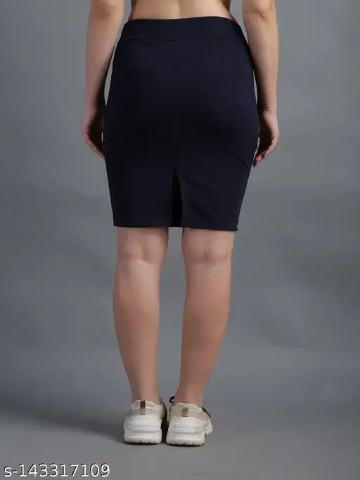 Navy blue cotton blend pencil skirt with high-waisted design and back slit, versatile for various occasions