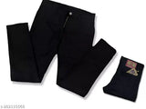 Trendy black polyester jeans for all seasons, solid pattern, size 28, 30, or 32 on display