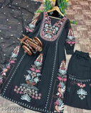 Black dori embroidered georgette crop top suit & pants set for women, fancy partywear with long sleeves