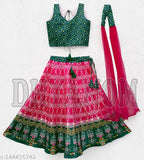 Art Silk Bandhani Lehenga Choli with Net Dupatta, fully stitched and ready-to-wear for kids aged 6 to 14 years. Indian origin, side zipper blouse, no inner fabric required due to thinner lehenga fabric