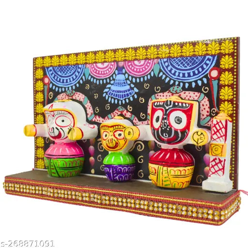 Ceramic God Idol - The Holy Trinity on Majestic Singhasana, Jagannath Murti, Indian-made
