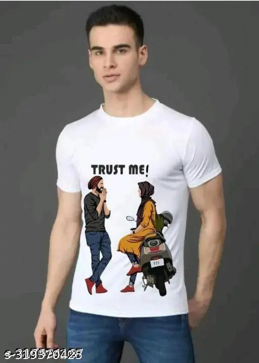 White polyester men's t-shirt with short sleeves, featuring a printed couple design. Made in India