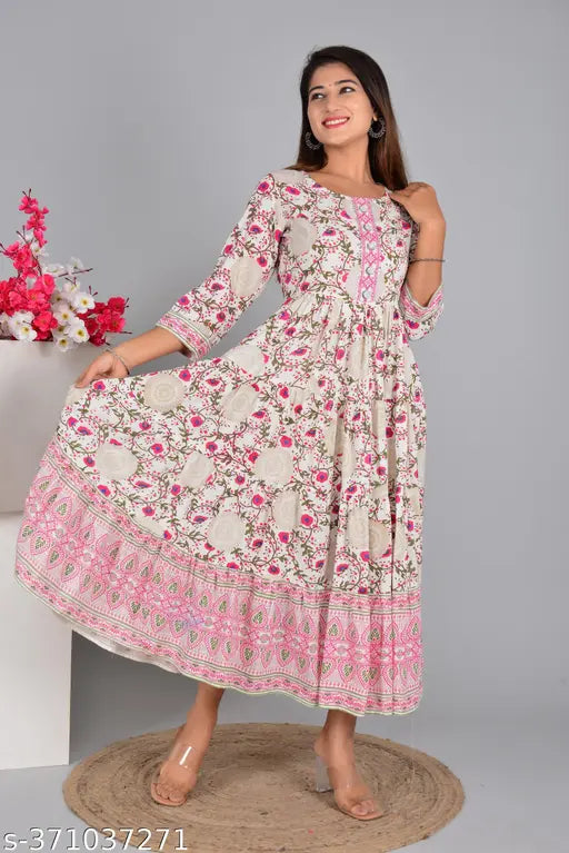 AURELISA Women's Rayon Floral Print Round Gotta Kurti, pink anarkali with three-quarter sleeves, Indian handcrafted traditional outfit
