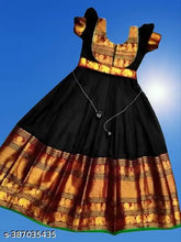 Pink and gold Banarasi silk Patola print maxi gown for girls, traditional full length with round neck, suitable for weddings and special occasions