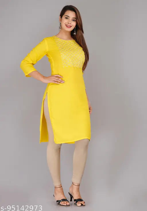 Rayon, embroidered yellow straight kurta with three-quarter sleeves, Indian fashion on mannequin