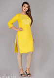 Rayon, embroidered yellow straight kurta with three-quarter sleeves, Indian fashion on mannequin
