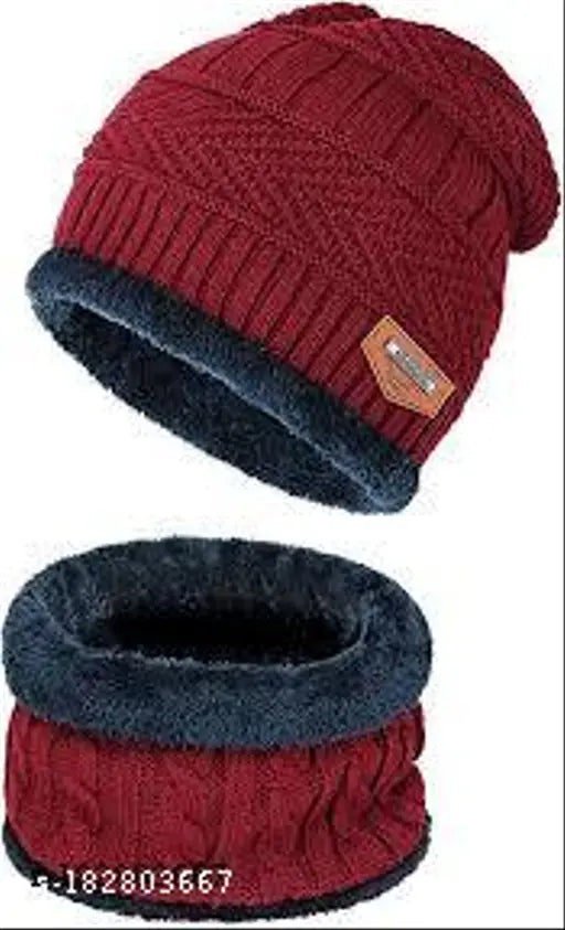 Wool winter beanie hat & neck scarf set, fur-lined for man & woman - Thandi ka ilaj Topa