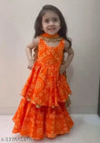 Orange bandhani sharara suit with handmade gota flowers on rayon dupatta for girls, embellished all over, size 3-4 years
