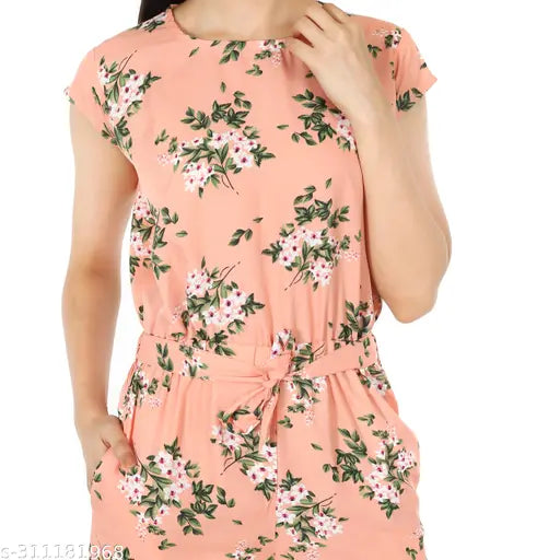 Peach crepe jumpsuit by Pearl N Vera, women and girls' printed net fashion, multiple sizes available