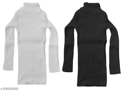 White and black solid high neck wool sweater for kids, ideal for casual wear