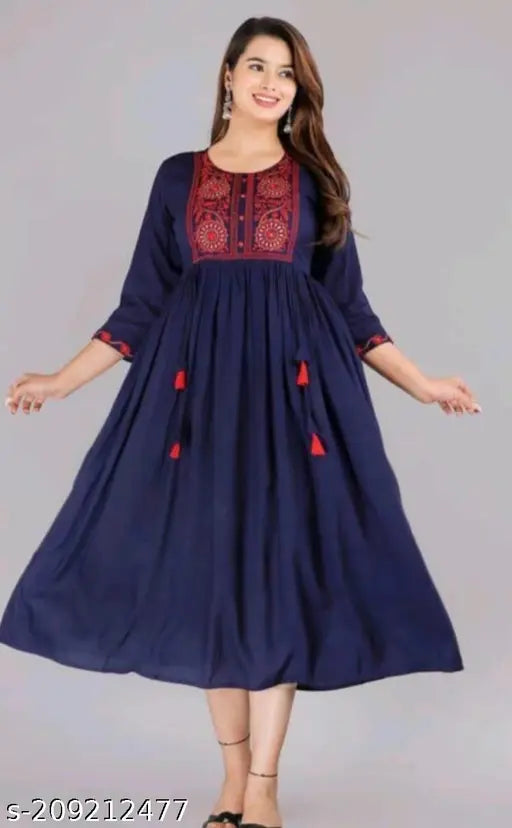 Navy blue rayon embroidered Anarkali kurti for women, three-quarter sleeves, trendy & comfortable Indian clothing