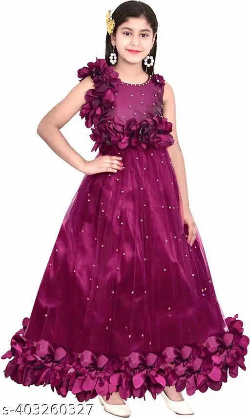 Purple net ethnic gown for girls, trendy sleeveless dress with flower patch, Indian party wear for fancy functions