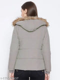 Grey women's polyester parka jacket, solid design with long sleeves, Vero Amore brand, quilted with quality polyfill, detachable faux fur hood, 3 pockets (1 inside, 2 outside), size L-XXXXL, India origin