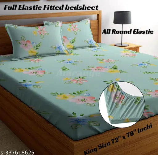 Pista Green Amrange Premium Cotton King Size Bedsheets with 2 Pillow Covers, 180 TC Supersoft, Fits up to 4-10 inches Mattress, Floral Pattern