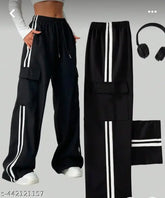 High-waist bell-bottom cargo trousers in white and black, cotton blend with printed stripes. Perfect for occasion, party, and casual wear. Available in sizes XS-XXL (waist size 24-36)