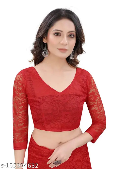 Red floral pattern Brasso net tassels saree with unstitched blouse piece, handcrafted in India