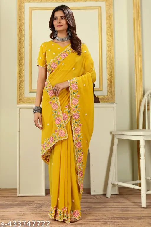 Yellow Georgette Embroidered Border Saree with Unstitched Blouse piece, intricate multi-thread embroidery work on both saree and blouse, free size, Indian origin