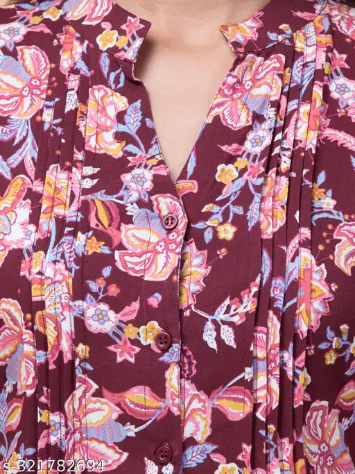 Maroon rayon tunic with front pleats, 3/4 sleeves, and mandarin collar - India-made fashion for size 34