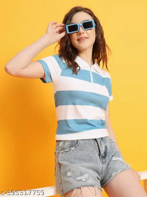 Striped cotton knit t-shirt with half zipper opening for women, made in India (size: M/L/XL)