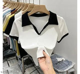 Ribbed Lycra women's and girls t-shirt, printed net pattern, short sleeves, size L/XL, made in India