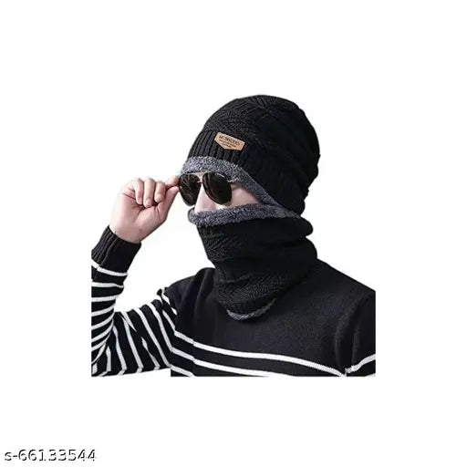 Black winter knit beanie with neck warmer scarf set, featuring stretchy acrylic wool and balaclava design for men & women