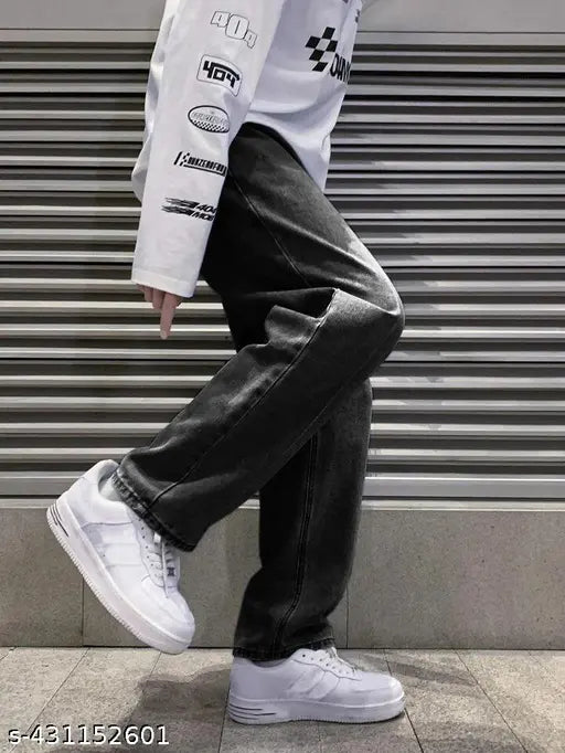 Light blue denim men's straight fit baggy jeans - solid pattern, casual wear, size 28 (waist 29in, length 40in, hip 35in)