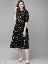 Black rayon flared kurti, printed pattern for women, three-quarter sleeves, XL (bust 42 in) - Indian ethnic wear