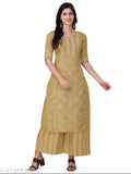 Soft cotton kurta set with plazoo pants, featuring foil design and pockets. Breathable and adjustable for comfortable daily wear. Indian-made, fashion-forward outfit