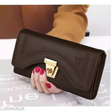 Brown faux leather ALSU women's hand clutch wallet, featuring 3 compartments, free size (8x4in), elegant design with premium twist lock and zipped pockets