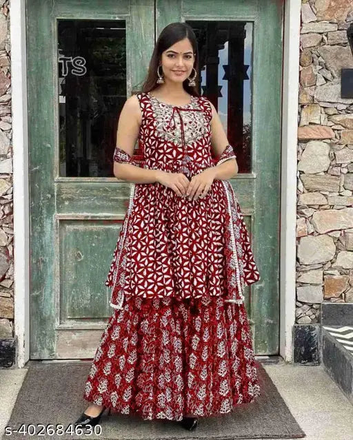 Dark maroon rayon kurta set with sharara and dupatta, A-line design, fits all occasions